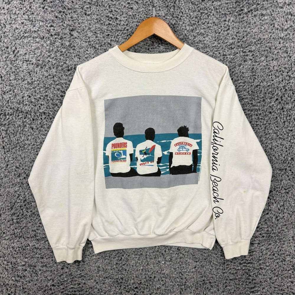 Vintage California Beach Co Sweatshirt Mens Medium White Surfer Graphic USA 80s
